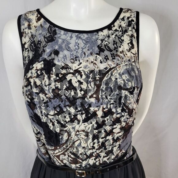 AB Studio Lined Sleeveless Mesh Bodice Zipper Back Belted Dress Size 10 - Picture 5 of 12